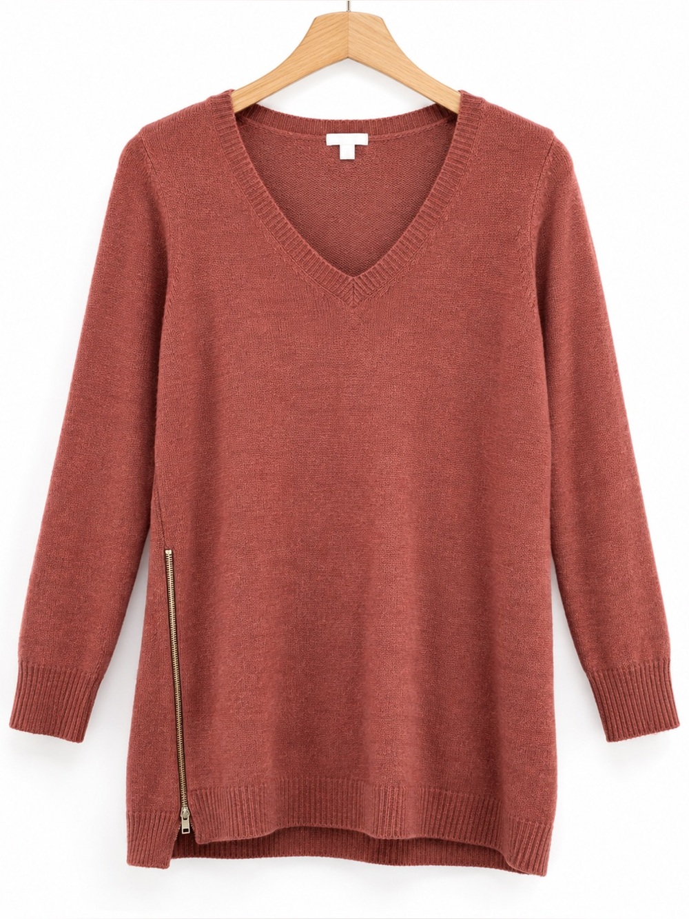 Women’s Rust Mauve V Neck Knit Tunic Sweater Side Zip Long Sleeve Fall Top M